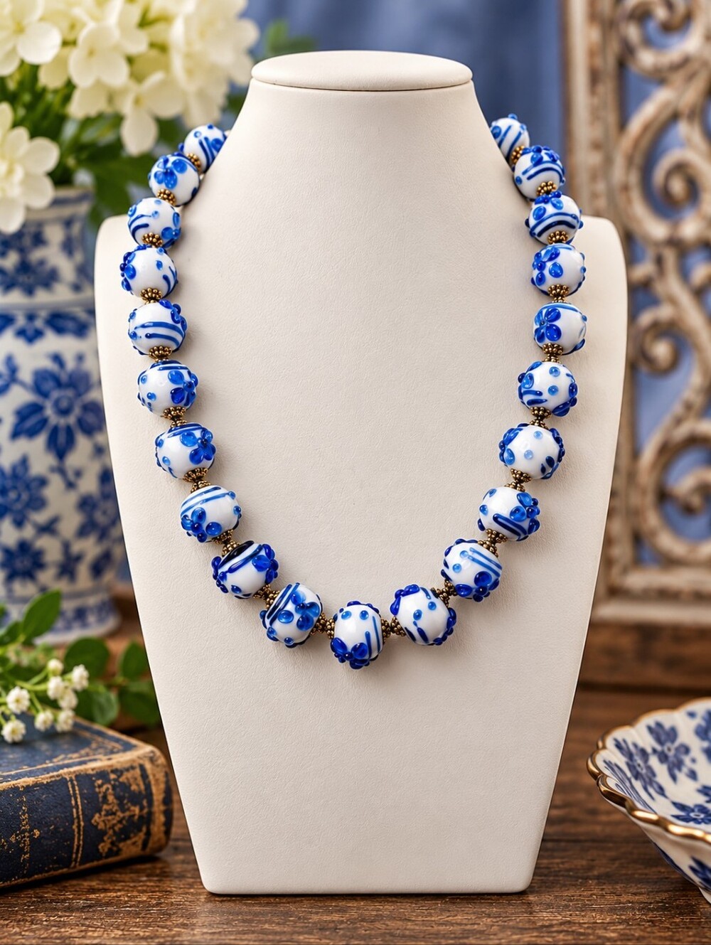 #5 Flash Blue Imported Lampwork handknotted 20 inch necklace
